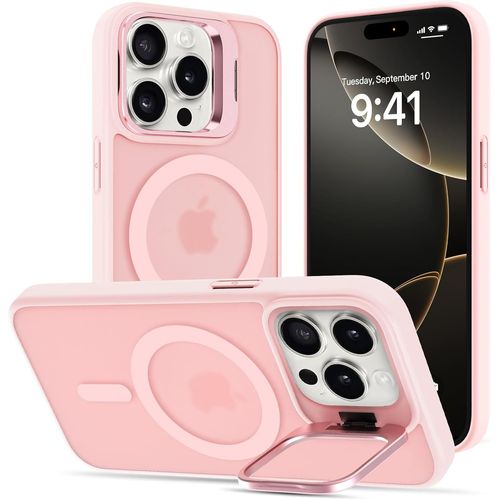 Coque Iphone 16 Pro Max Compatible Magsafe ¿ Étui Antichoc Grade Militaire Aimanté Avec Support Réglable Et Protection Appareil Photo, Finition Translucide Mate Rose, Ultra-Fin