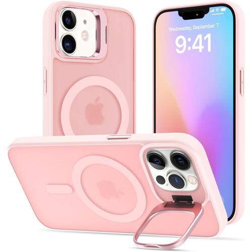 Coque pour iPhone 12/12 Pro avec Béquille,Compatible avec MagSafe,Etui de Téléphone avec Caméra Support en Métal Intégrée,Housse de Protection de Qualité Militaire,Mat Translucide Rose