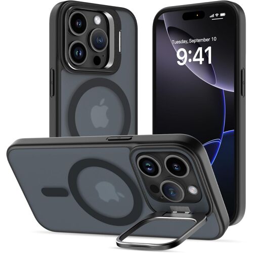 Coque pour iPhone 16 Pro avec Béquille,Compatible avec MagSafe,Etui de Téléphone avec Caméra Support en Métal Intégrée,Housse de Protection de Qualité Militaire,Mat Translucide Noir