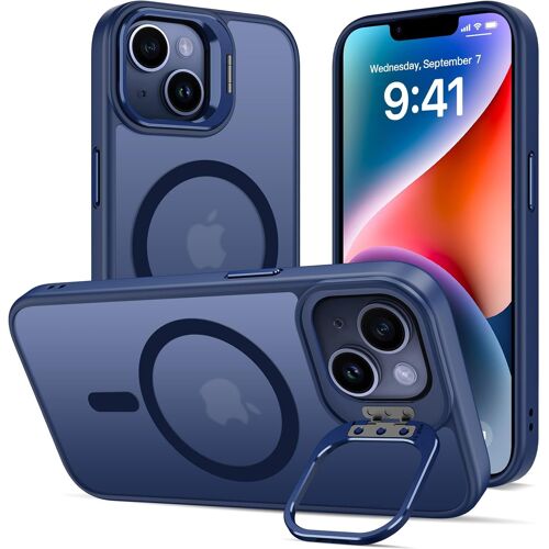 Coque Pour Iphone 14/13 Avec Béquille,Compatible Avec Magsafe,Etui De Téléphone Avec Caméra Support En Métal Intégrée,Housse De Protection De Qualité Militaire,Mat Translucide Bleu