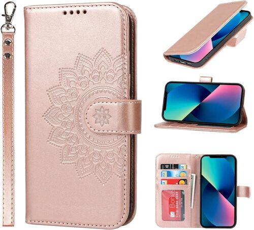 Iphone 13 Flip Case [3 Card Slots] [Magnetic Closure] Stylish Leather Protective Case For Iphone 13 Pink