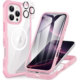 CAUC-Magnétique Coque iPhone 16 Pro Max, Compatible avec MagSafe intégré Verre Trempé Protection écran et Protecteur Caméra, 360° Antichoc Téléphone Housse Double Face Case Intégrale Etui -Rose