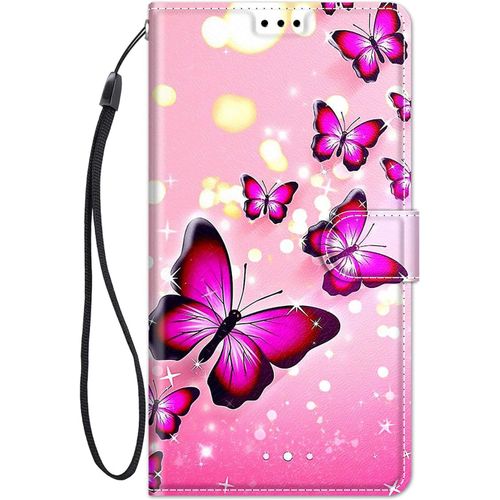 Coque Pour Samsung Galaxy A55 5g Housse Cuir Avec Protection Etui Portefeuille Antichoc Magnétique Étui À Rabat Pochette Cover Élégant Motif Pour Filles Femmes Flip Case - Papillon Rose