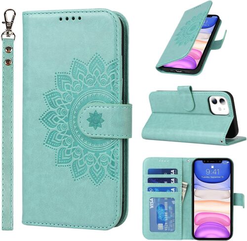Coque Iphone 11 Avec Cordon,Flip Fleur Portefeuille Etui En Cuir,[3 Fentes][Fonction Support][Fermeture Magnetique],Collier Housse Etui A Rabat Pour Iphone 11 - Vert Clair