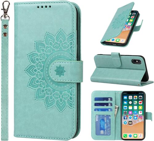 Coque Iphone Xs Max Avec Cordon,Flip Fleur Portefeuille Etui En Cuir,[3 Fentes][Fonction Support][Fermeture Magnetique],Collier Housse Etui Rabat Pour Iphone Xs Max - Vert Clair