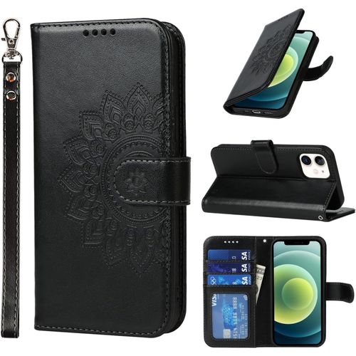 Etui Coque Pour Iphone 12 Mini, Fentes Pour Cartes Protection Housse En Cuir Pu Pochette Etui Portefeuille Pour Iphone 12 Mini (5.4 Pouces) - Noir