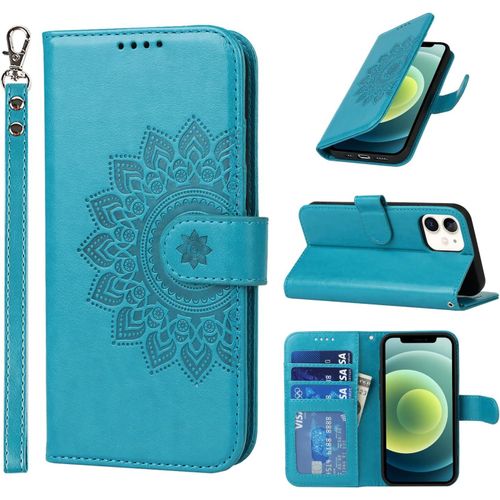 Kal-Etui Coque Pour Iphone 12 Mini, Fentes Pour Cartes Protection Etui Housse En Cuir Pu Pochette Fermeture Magnétique Etui Portefeuille Pour Iphone 12 Mini (5.4 Pouces) - Bleu