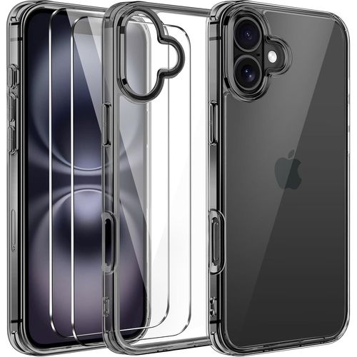 Fabur-Clair Coque Pour Iphone 16 6.1-Inch, Avec 2 Pièces Verre Trempé Et Outil D'installation Facile, Anti-Jaunissement Protection Militaire Transparente Étui De Mince Bumper Housse - Noir