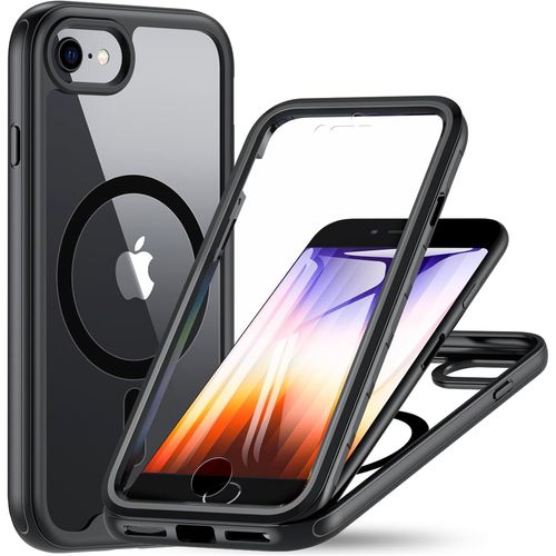 CAUC-Magnétique Coque iPhone SE 2022/SE 2020 et iPhone 8/7, Compatible avec MagSafe intégré Verre Trempé Protection écran 360° Antichoc Téléphone Housse Double Face Case Intégrale Etui (Noir)