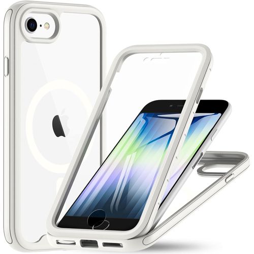CAUC-Magnétique Coque iPhone SE 2022/SE 2020 et iPhone 8/7, Compatible avec MagSafe intégré Verre Trempé Protection écran 360° Antichoc Téléphone Housse Double Face Case Intégrale Etui (Blanc)