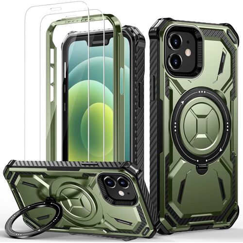 JGD-Coque iPhone 12, Coque iPhone 12 Pro avec 2 Verre Trempé, Antichoc Étui de Militaire Protection, Anneau Support Renforcée Armure Coque pour iPhone 12/12 Pro Housse, Vert