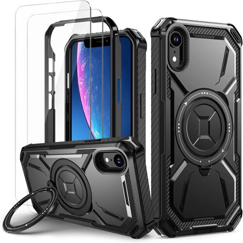 KAL-Coque Pour Iphone Xr Avec 2 Verre Trempé, Antichoc Étui De Militaire Protection, Anneau Support Renforcée Armure Etui Pour Iphone Xr Housse, Noir