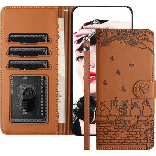 Kal-Coque Pour Samsung Galaxy A24 4g(6.6 Pouces),Étui À Rabat Housse En Cuir,Chat Pochette De Portefeuille,Étui Fentes Pour Cartes, Magnétique Antichoc En Béquille Flip Case,Marron