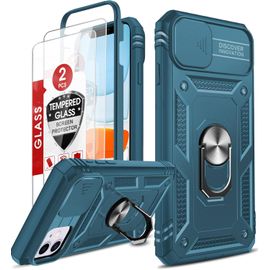 iPhone 11 Case with [2 Tempered Glass], 360° Full Camera Protection PC Hard Anti-Fall Reinforced Armor Heavy Duty Shockproof Bumper Case Cover for Apple iPhone 11 Blue