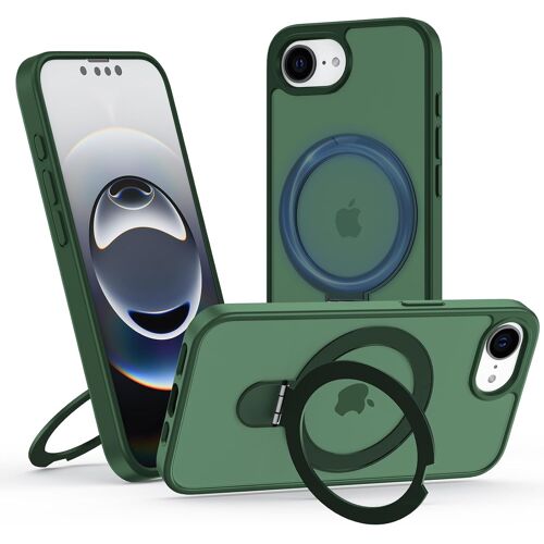 LORANKA-Coque pour iPhone 16e avec Support, MagSafe Compatible Étui Rotatable Kickstand, Anti-Rayures PC Dur Housse Arrière Mat Translucide Protection Case avec Anneau Ajustable Rolatif, Vert