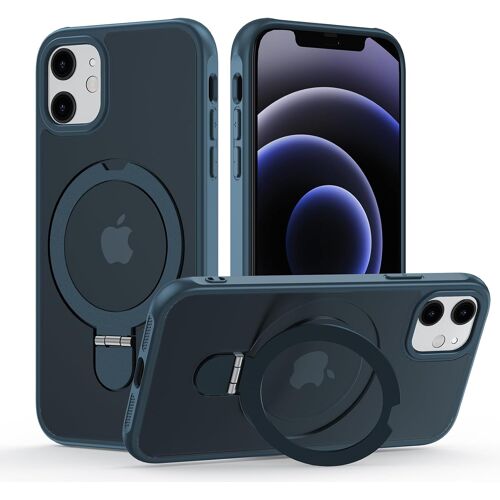 TRAHOO-Coque pour iPhone 12 avec Support, MagSafe Compatible Étui Rotatable Kickstand, Anti-Rayures PC Dur Housse Arrière Mat Translucide Protection Case avec Anneau Ajustable Rolatif, Bleu