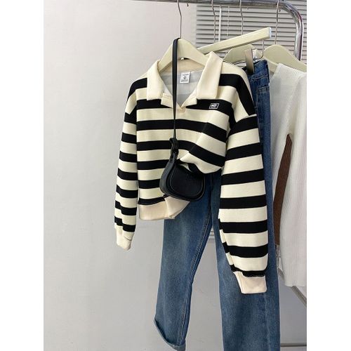 Pull Rayé Composite 340 G Pour Femme, Haut Brodé À Manches Longues Et Revers, Vêtements Pour Femmes, Printemps Et Automne