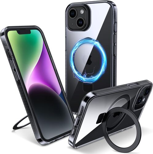 KALANKA-Coque Magnétique pour iPhone 14 Plus avec Support Invisible, [Compatible avec MagSafe] Etui Housse Transparente avec Protection Antijaunissement & Antirayure & Antichoc, 6.7'', Clair Noir