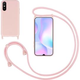 KAL-Coque Pour Xiaomi Redmi 9A Avec Cordon,Souple Silicone Housse Avec Bandoulière En Nylon, Réglable Lanyard Case Protection Complète Cover Etui Antichoc Protection,Pink