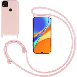 Kal-Coque Pour Xiaomi Redmi 9c Avec Cordon,Souple Silicone Housse Avec Bandoulière En Nylon, Réglable Lanyard Case Protection Complète Cover Etui Antichoc Protection,Pink