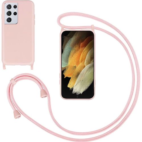 KAL-Coque Pour Samsung Galaxy S21 Ultra Avec Cordon,Souple Silicone Housse Avec Bandoulière En Nylon, Réglable Lanyard Case Protection Complète Cover Etui Antichoc Protection,Pink