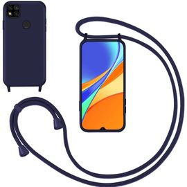 Kal-Coque Pour Xiaomi Redmi 9c Avec Cordon,Souple Silicone Housse Avec Bandoulière En Nylon, Réglable Lanyard Case Protection Complète Cover Etui Antichoc Protection,Bleu