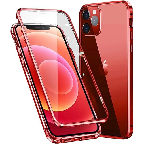 KAL-Coque Compatible Avec Iphone 12, Adsorption Magnétique Métal, Avant Et Arrière Verre Trempé Couverture De Plein Écran Couverture À 360 Degrés Protection Cover Pour Apple Iphone12 6,1 Pouces, Roug