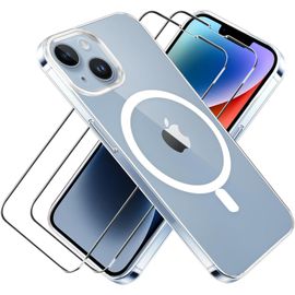 Ljhid-Magnétique Coque Pour Iphone 14/13,Compatible Avec Magsafe,Coque Iphone14/Iphone13 Avec Verre Trempé/Film Protection Écran (2pack),Souple Tpu Antichoc Housse Etui Case Cover 6,1 Pouces,Transpar