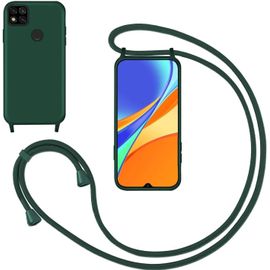 Brs-Coque Pour Xiaomi Redmi 9c Avec Cordon,Souple Silicone Housse Avec Bandoulière En Nylon, Réglable Lanyard Case Protection Complète Cover Etui Antichoc Protection,Vert
