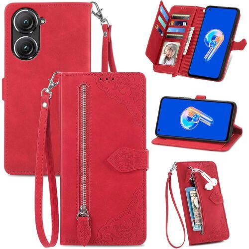 KAL-Coque Pour Asus Zenfone 10 / 10Z /9 5G /9Z, Pu Portefeuille Rabat Fermeture Aimantée Étui En Cuir [Antichoc Tpu] [Fonction Support] [Dragonne] Étui Pour Asus Zenfone 10Z - Rouge