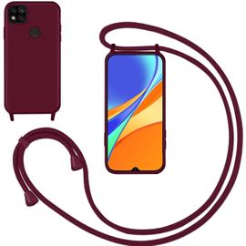 Eryi-Coque Pour Xiaomi Redmi 9c Avec Cordon,Souple Silicone Housse Avec Bandoulière En Nylon, Réglable Lanyard Case Protection Complète Cover Etui Antichoc Protection,Rouge
