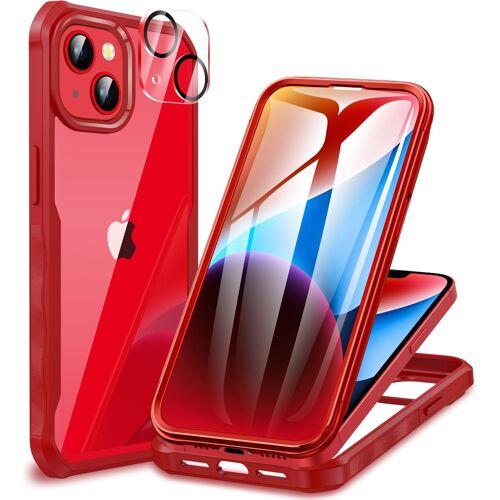 Coque iPhone 14/iPhone 13, Antichoc Housse avec Protection écran Verre Trempé et Protecteur Caméra, 360° Double Face Téléphone Etui Transparent Case Intégrale Coque pour iPhone 14/13-Rouge