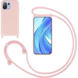 KAL-Coque Pour Xiaomi Mi 11 Lite Avec Cordon,Souple Silicone Housse Avec Bandoulière En Nylon, Réglable Lanyard Case Protection Complète Cover Etui Antichoc Protection,Pink
