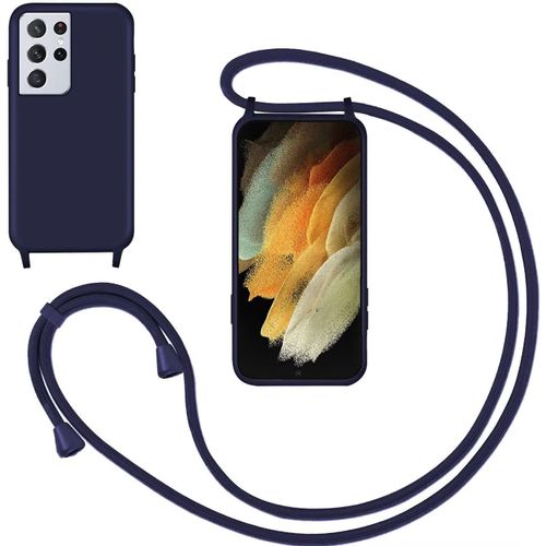 Kal-Coque Pour Samsung Galaxy S21 Ultra Avec Cordon,Souple Silicone Housse Avec Bandoulière En Nylon, Réglable Lanyard Case Protection Complète Cover Etui Antichoc Protection,Bleu