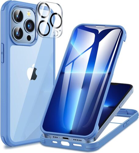JGD-Coque iPhone 13 Pro Max, avec Protection écran Verre Trempé et Protecteur Caméra [9H HD] 360° Antichoc Housse Double Face Téléphone Case Intégrale Etui pour iPhone 13 Pro Max - Sierra Bleu