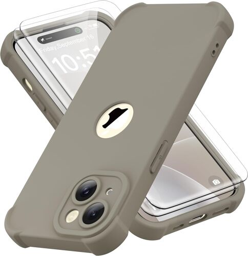 KAL-Coque Pour Iphone 15 Plus + 2 Pièces Verre Trempé Protection Écran, Antichoc Souple Silicone Tpu Arrière Rigide Pc Avant Housse De Protection Pour Iphone 15 Plus Case 6,7"" Pierre