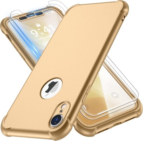 KAL-Coque Compatible Avec Iphone Xr, Avec 2 X Protecteur D'Écran En Verre Trempé 360°Housse Hybride Robuste 2 En 1 Antichoc Ultra Mince Mat Anti Rayures Pc Tpu Etui Pour Iphone Xr Or