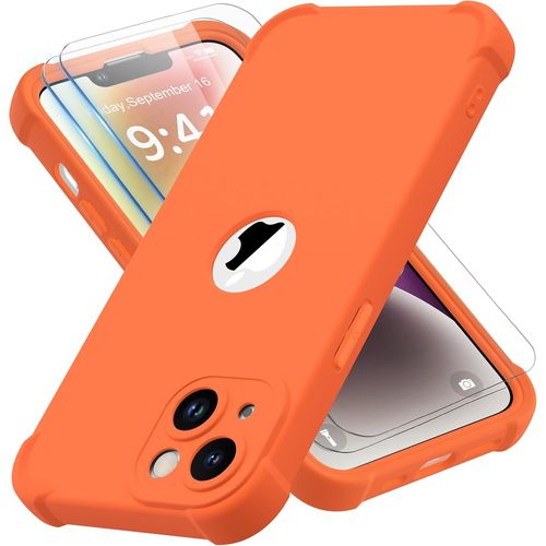KALANKA-Coque pour iPhone 14 + 2 Pièces Verre Trempé Protection écran, Antichoc Souple Silicone TPU Arrière Rigide PC Avant Housse de Protection pour iPhone 14 Case 6,1"" Orange