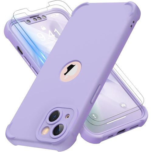 TRAHOO-Coque pour iPhone 13 avec 2 Pièces Verre Trempé Protection écran, 2 en 1 Antichoc Souple Silicone TPU Arrière Rigide PC Avant Housse de Protection pour iPhone 13 Case 6,1 Pouces Lilas