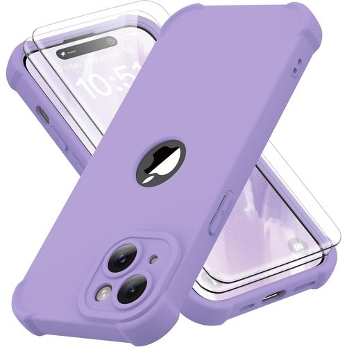 TRAHOO-Coque pour iPhone 15 Plus + 2 Pièces Verre Trempé Protection écran, Antichoc Souple Silicone TPU Arrière Rigide PC Avant Housse de Protection pour iPhone 15 Plus Case 6,7"" Lilas