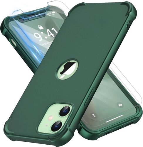 Coque pour iPhone 12 Mini avec 2 Pi¿¿ces Verre Tremp¿¿ Protection ¿¿cran, 2 en 1 Antirayures Souple TPU Arri¿¿re Rigide PC Antichoc Housse de Protection ?tui pour iPhone 12 Mini 5.4"" Vert
