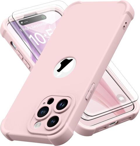 CHENG-Coque pour iPhone 14 Pro + 2 Pièces Verre Trempé Protection écran, Antichoc Souple Silicone TPU Arrière Rigide PC Avant Housse de Protection pour iPhone 14 Pro Case 6,1"" Rose Clair