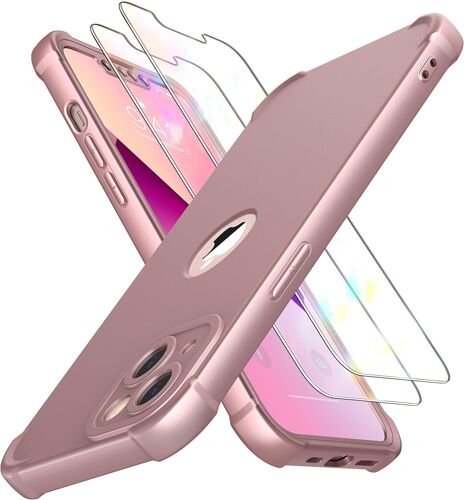KAL-Coque Pour Iphone 13 Mini + 2 Pièces Verre Trempé Protection Écran, 2 En 1 Antichoc Souple Silicone Tpu Arrière Rigide Pc Avant Housse De Protection Pour Iphone 13 Mini 5,4"" Or Rose