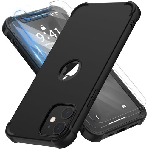 TRAHOO-Coque pour iPhone 12 Mini avec 2 Pièces Verre Trempé Protection écran, 2 en 1 Antirayures Souple TPU Arrière Rigide PC Antichoc Housse de Protection Étui pour iPhone 12 Mini 5.4"" Noir