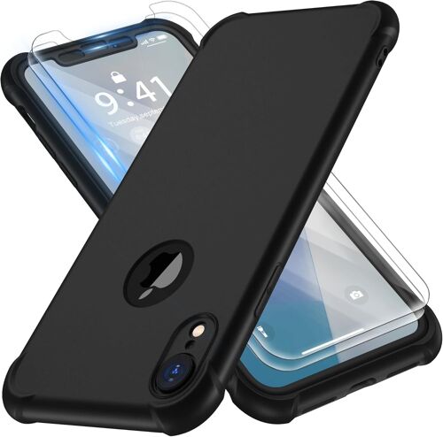 TRAHOO-Coque Compatible avec iPhone XR, avec 2 x Protecteur D'écran en Verre Trempé 360°Housse Hybride Robuste 2 en 1 Antichoc Ultra Mince Mat Anti Rayures PC TPU Etui pour iPhone XR Case Noir