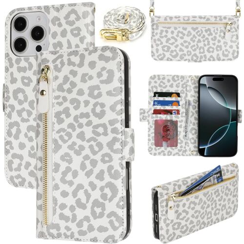 KAL-Coque En Cuir Premium Pour Iphone 16 Pro - Étui Portefeuille Avec Sangle Réglable, Porte-Cartes, Protection Complète Et Design Élégant - Léopard Blanc