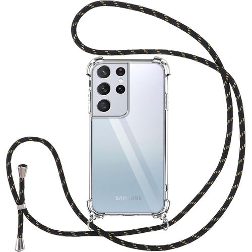 Kal-Collier Coque Pour Samsung Galaxy S21 Ultra 5g Avec Cordon, Transparent Silicone Tpu+Pc Bumper Protection Étui Housse Lanyard Avec Sangle Réglable Chaîne Case Pour Samsung S21 Ultra 5g, Noir 01