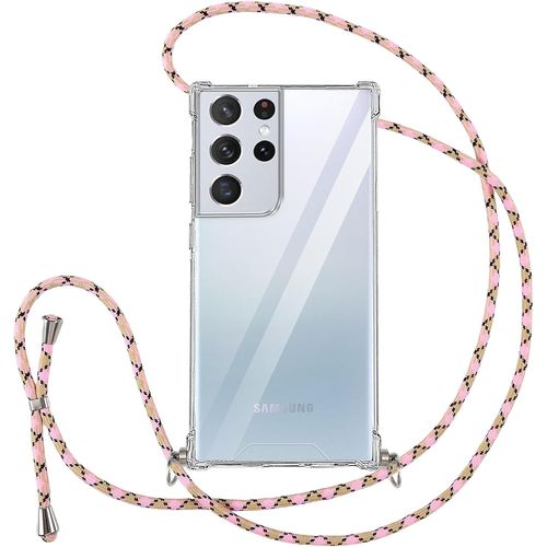 Collier Coque Pour Samsung Galaxy S21 Ultra 5g Avec Cordon, Transparent Silicone Tpu+Pc Bumper Protection Étui Housse Lanyard Avec Sangle Réglable Chaîne Case Pour Samsung S21 Ultra 5g, Rose 01