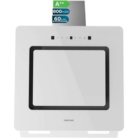 CHECARZHN--NO1-Hotte Aspirante Inclinée Décorative 60Cm Bolero Flux Dt 608002 Glass White A++. Finition Verre Blanc, Cheminée Inox, Aspiration 800M3/H, Moteur 210W, 3 Puissances, Filtre Charbon
