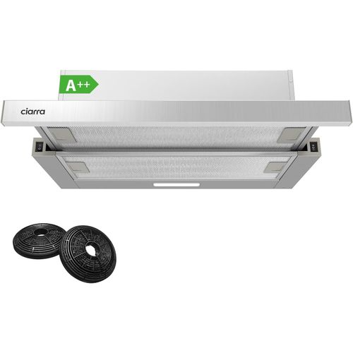 SUBZONAL-CBCS6906D Hotte Tiroir Téléscopique 60cm - Classe A - 370m³/h - 2 Vitesses - Éclairage LED - Recyclage ou Evacuation - Filtres Charbon Inclus - Argent
